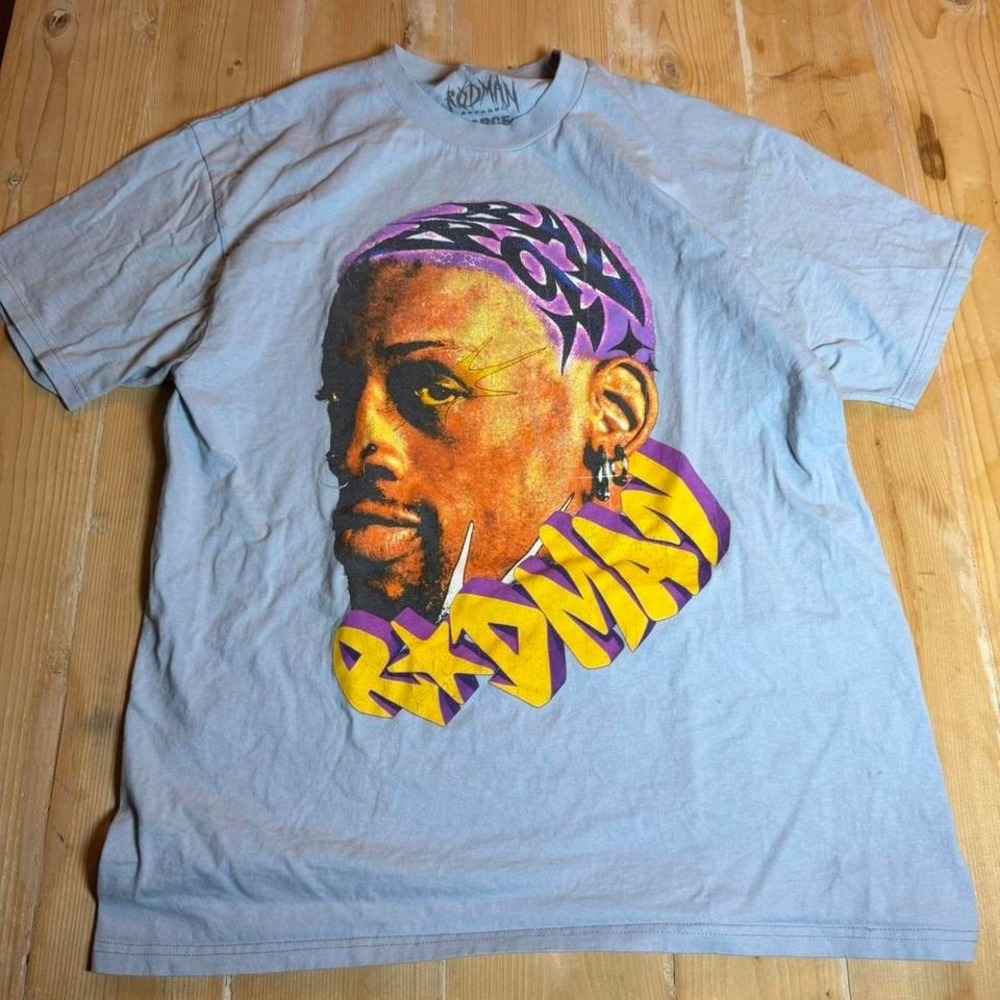 Rodman Apparel Dennis Rodman Portrait Graphic T-Shirt Light Blue Mens Large